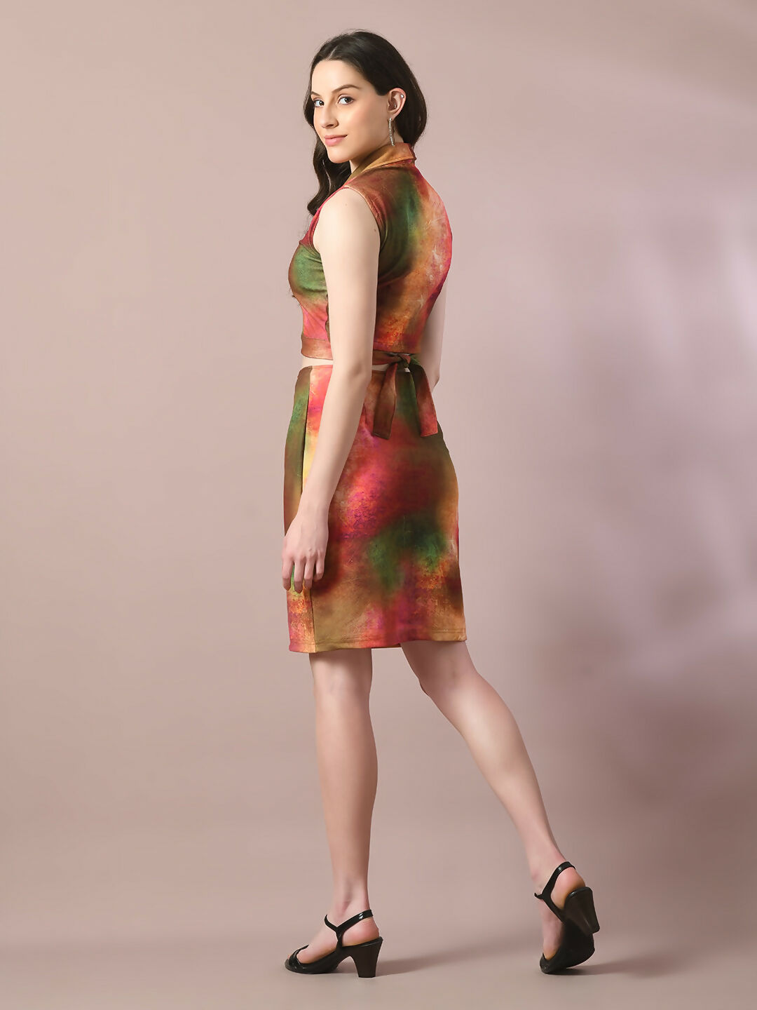 Myshka Women's Multi Printed Shawl Neck Party Top With Skirt Co-ord set - Swadesiicart