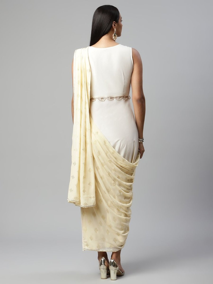 Ahalyaa Women Off White Crepe Georgette Saree Dress With Printed Pallu | Swadesiicart