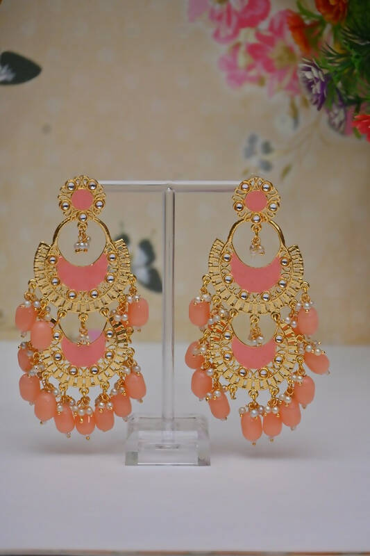 Meenakari Work Gold-Polished 2 Layered Beaded Coral Pink Chandbali Earrings with Kundan and Pearl Work By House of Ree | Swadesiicart