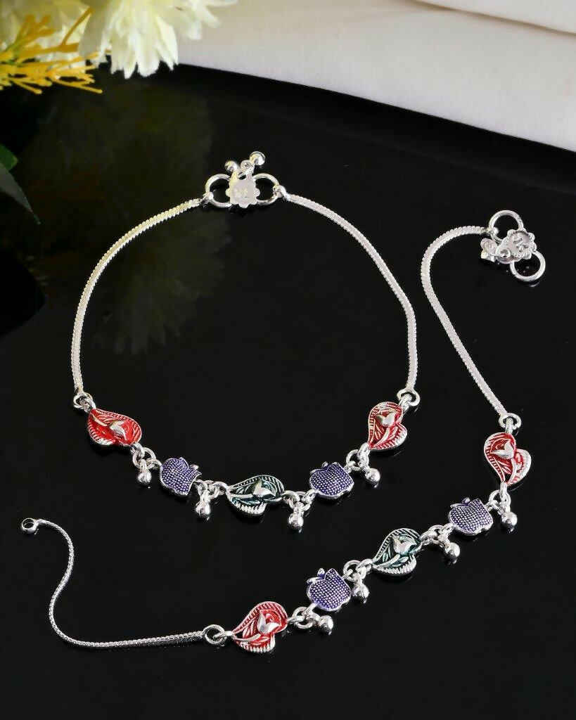 VOJ Set of 2 Silver Plated Designer Multi Color Anklet - Swadesiicart