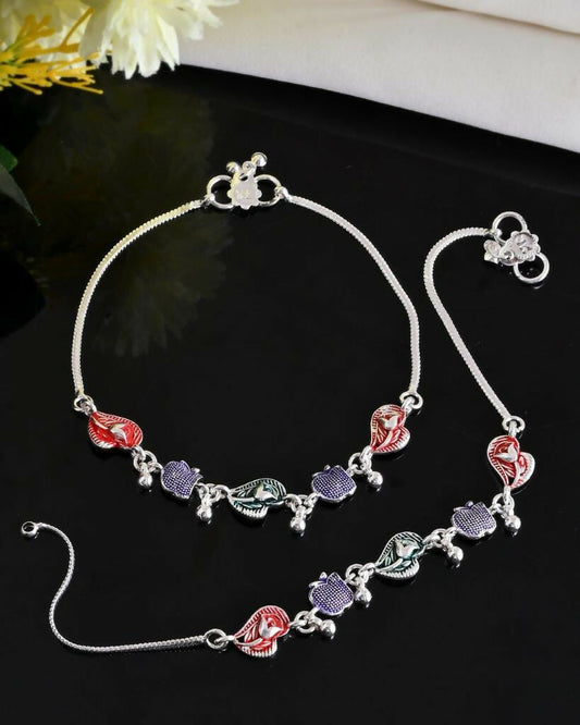 VOJ Set of 2 Silver Plated Designer Multi Color Anklet - Swadesiicart
