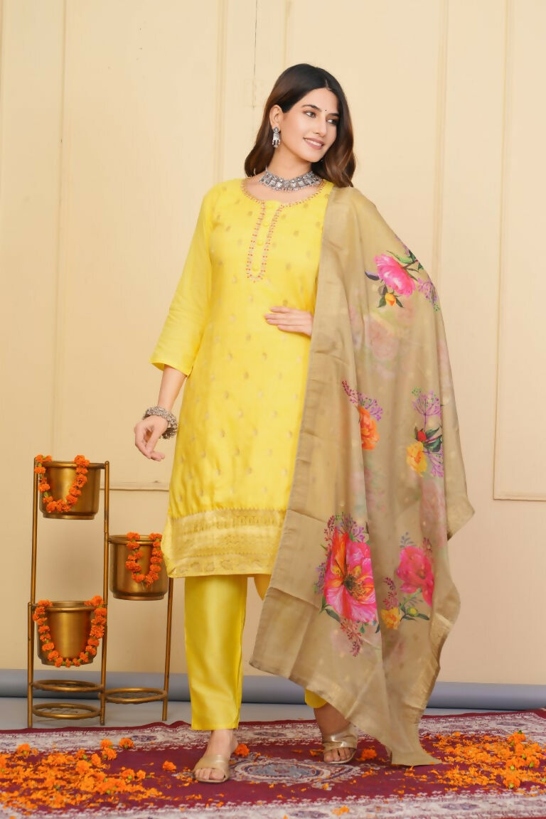 Yellow Viscose Organza Jacquard Embroidered Stitched Suit With Dupatta - Tanisha | Swadesiicart