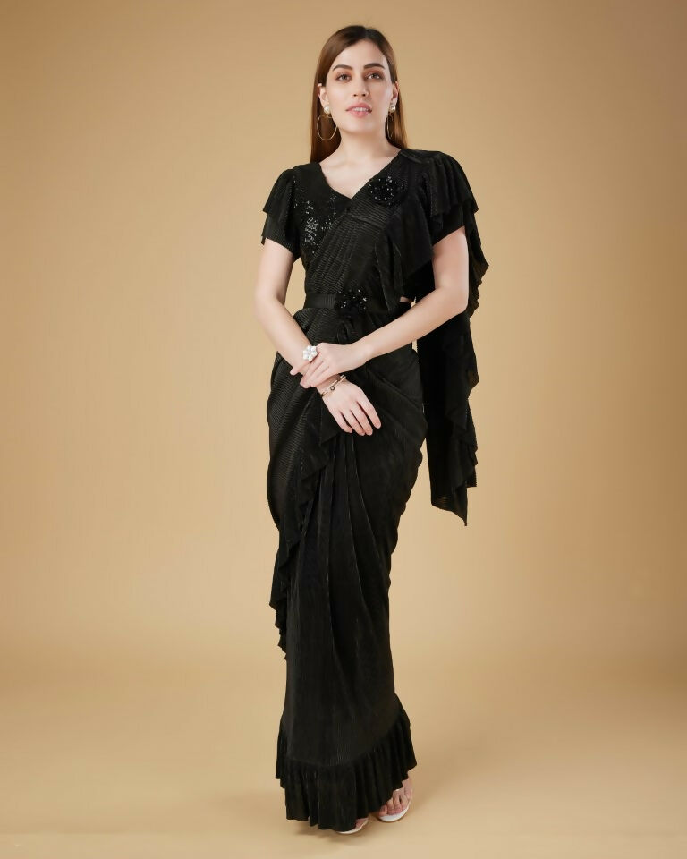 Black Imported Crush Solid Ready to Wear Saree with stitched Blouse - Aayan | Swadesiicart