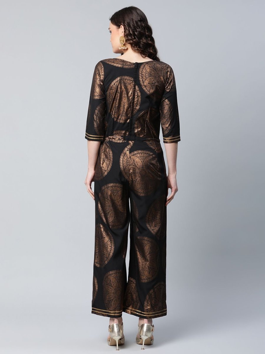 Ahalyaa Womens Black Crepe Copper Foil Printed Jumpsuit | Swadesiicart