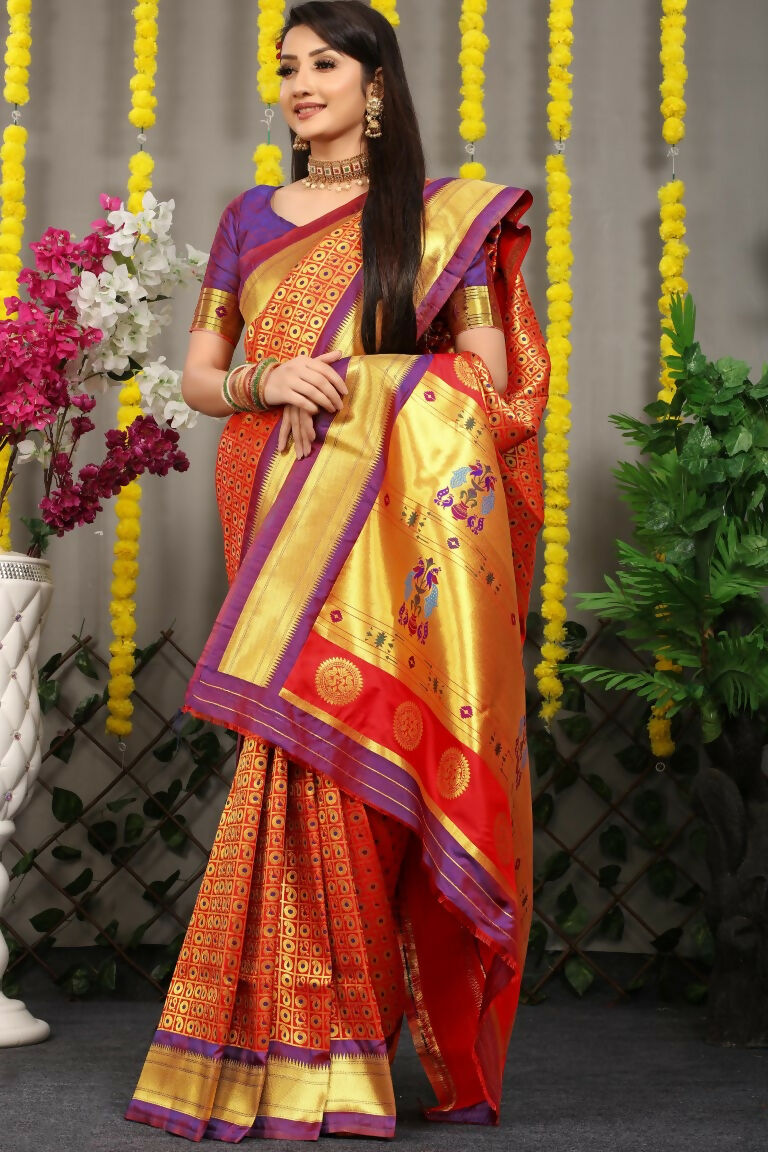 Jyoti Fashion Women's Maroon Banarasi Silk Zari Woven Saree with Blouse | Swadesiicart
