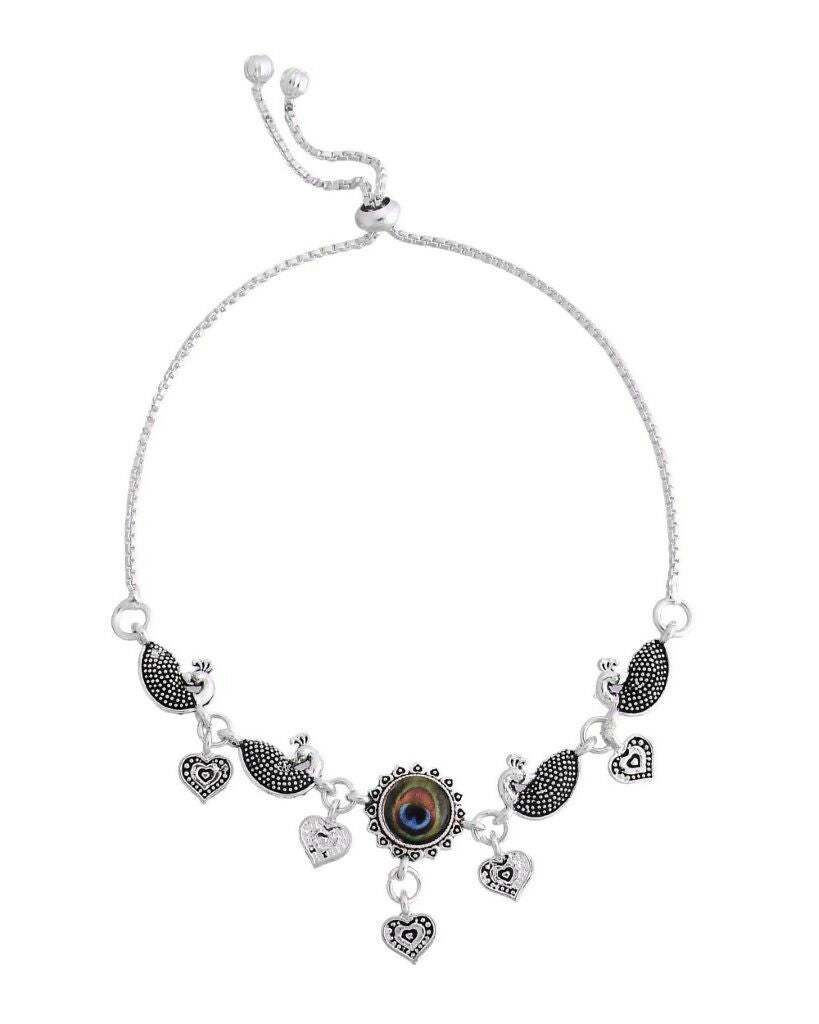 VOJ Set Of 2 Silver Plated Peacock Handcrafted Anklets - Swadesiicart