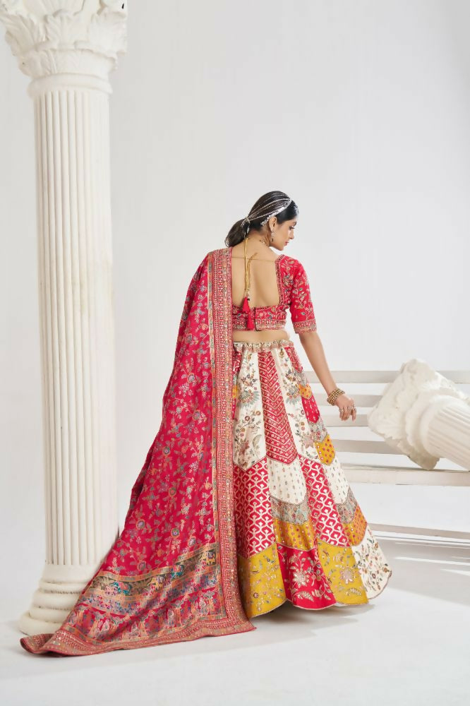 Kesar Fab White Banarasi Silk Embroidered Lehenga | Swadesiicart