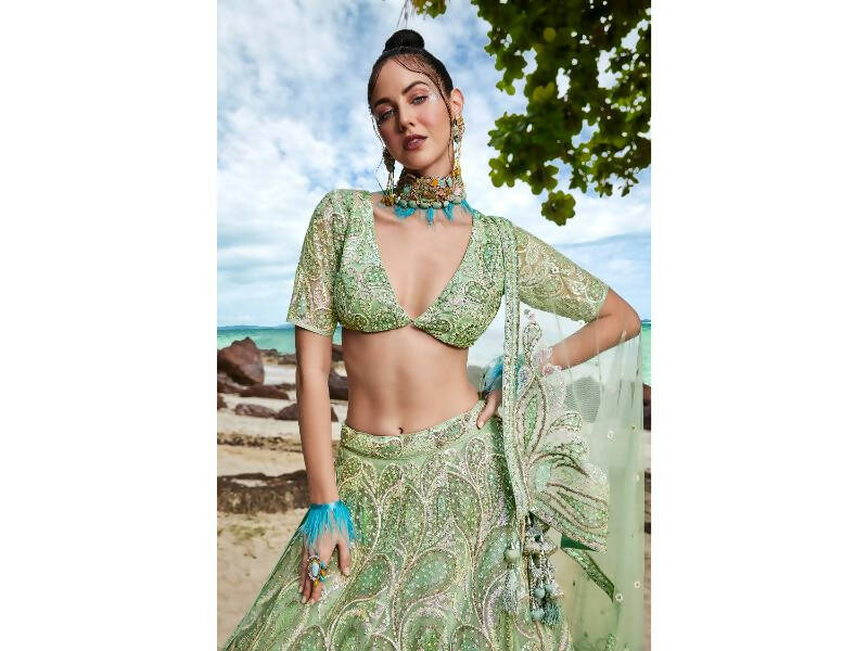 House of Panchhi Lime green Net Multi Sequins with heavy Zarkan embroidery Lehenga choli & Dupatta | Swadesiicart