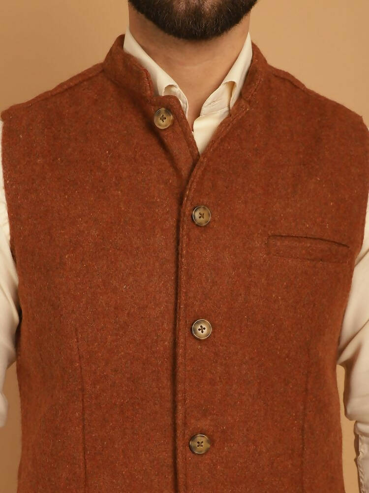 Even Apparels Pure Wool Nehru Jacket - Brown | Swadesiicart