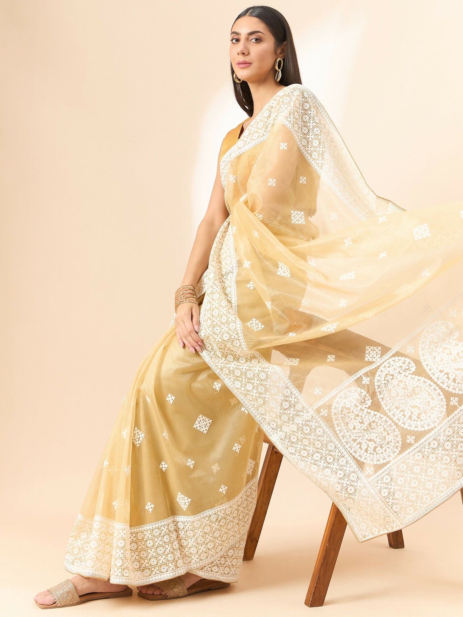 Beige Organza Geometric Embroidered Saree with Unstitched Blouse Piece - Roozal