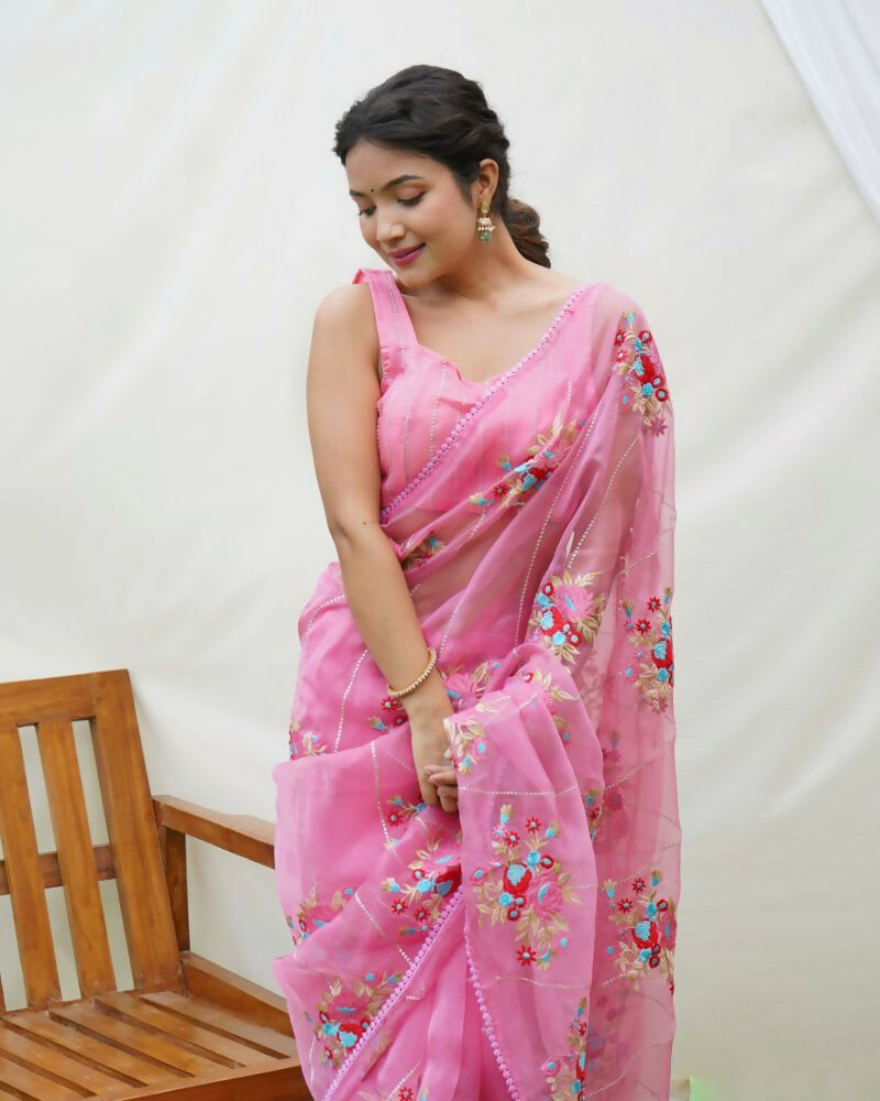 Vamsee Anamika Pink Organza Silk Saree - Swadesiicart