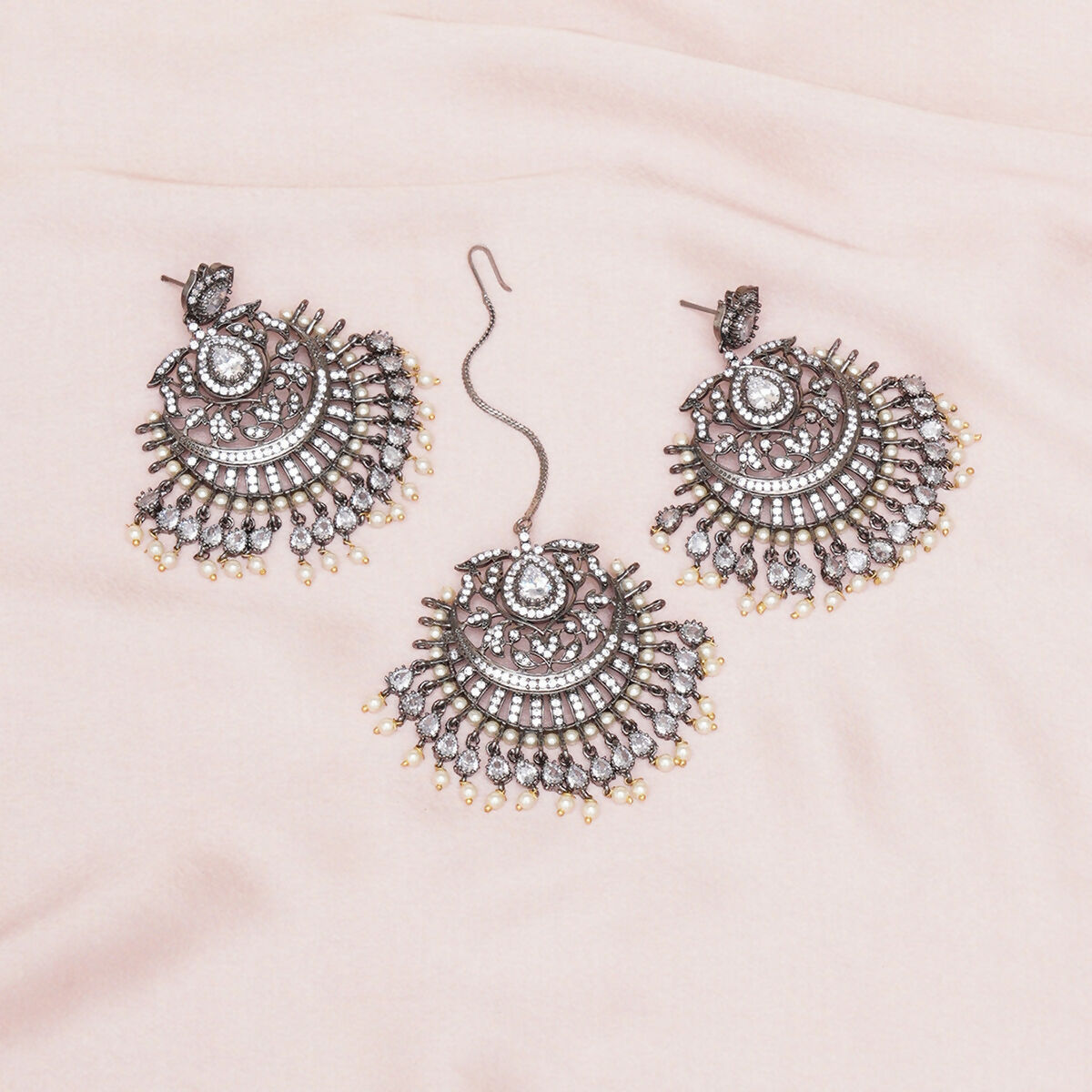 Diamond Earrings with Matching Maang Tikka- Ruby Raang | Swadesiicart