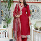 Miravan Women's Embroidered Pure Silk Red Kurta with Palazzo and Dupatta - Swadesiicart