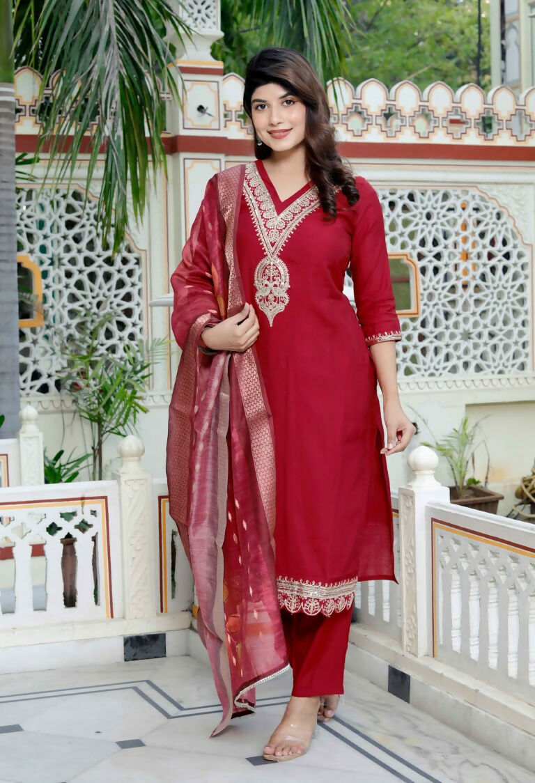 Miravan Women's Embroidered Pure Silk Red Kurta with Palazzo and Dupatta - Swadesiicart