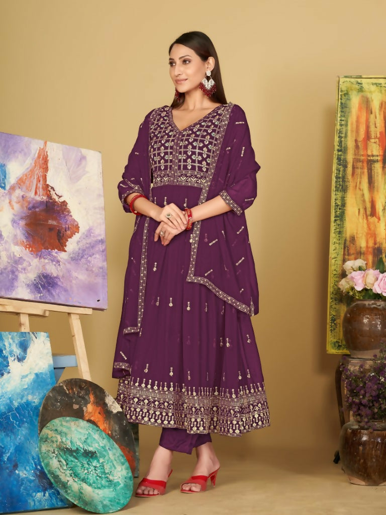 Jyoti Fashion Women's Purple Georgette Embroidered Anarkali Kurta Pant Set With Dupatta | Swadesiicart