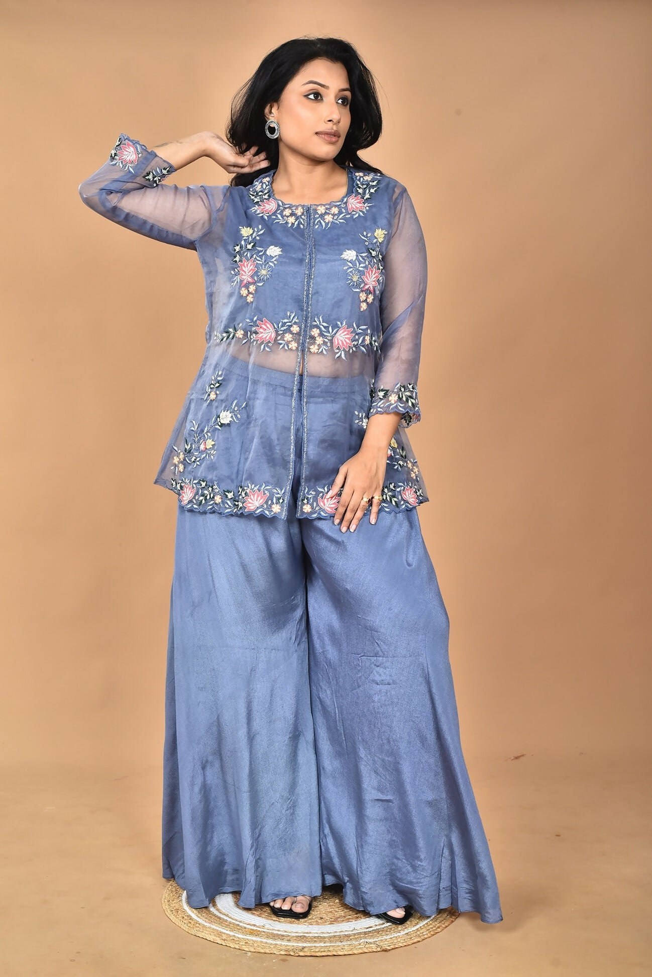Morchari Women And Hand Embroidery Palazzo Set-Grey - Swadesiicart