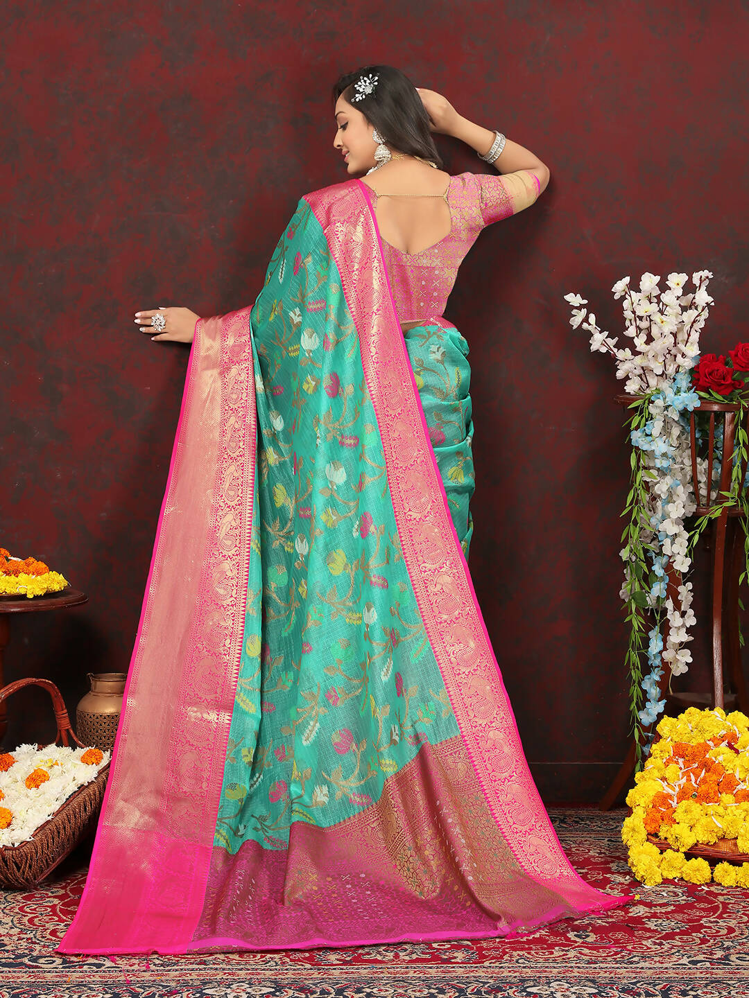 Lorenvalley Fashion Teal Cotton Woven Design Zari Meenakari Weaving Saree - Swadesiicart