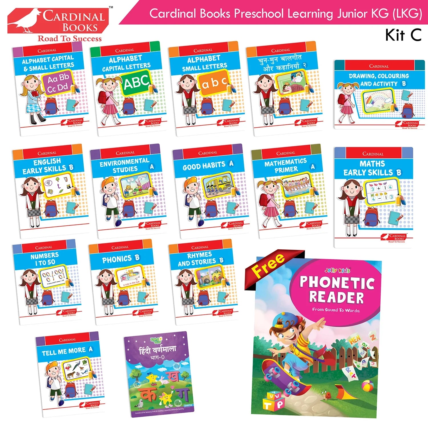 Cardinal Books Preschool Learning Junior KG (LKG) Kit C Set of 16| Ages 4-5 Years| Alphabet| Number| Rhymes and Stories| Phonic| Hindi Varnmala - Swadesiicart