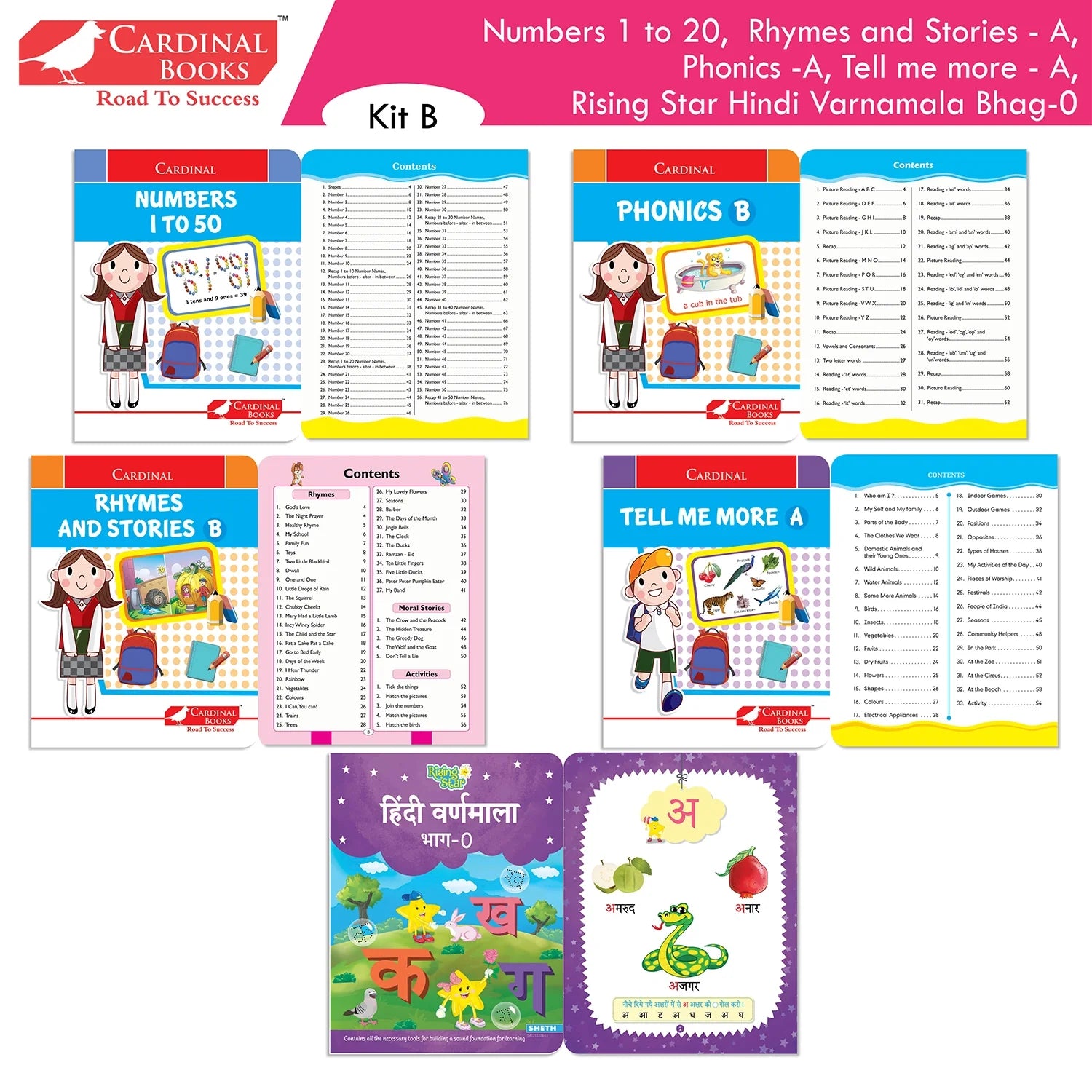 Cardinal Books Preschool Learning Junior KG (LKG) Kit C Set of 16| Ages 4-5 Years| Alphabet| Number| Rhymes and Stories| Phonic| Hindi Varnmala - Swadesiicart