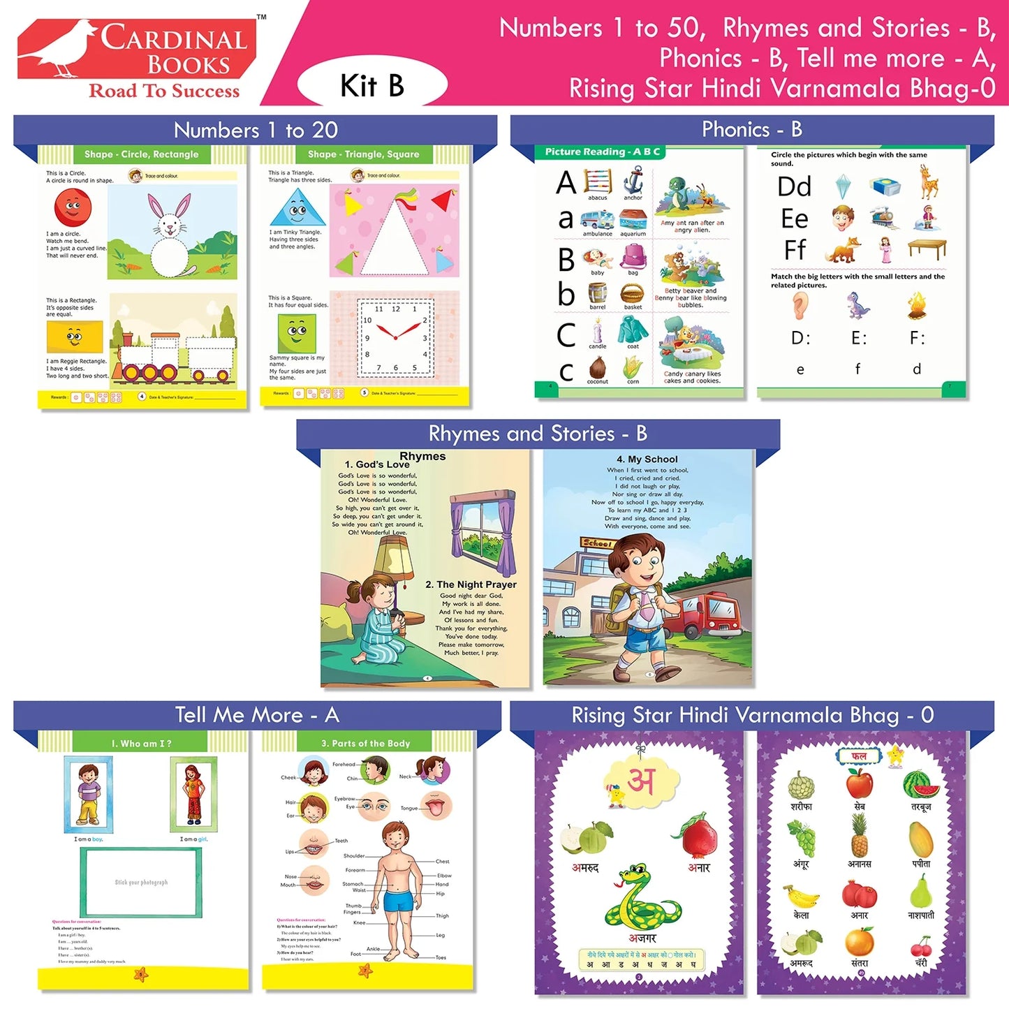 Cardinal Books Preschool Learning Junior KG (LKG) Kit C Set of 16| Ages 4-5 Years| Alphabet| Number| Rhymes and Stories| Phonic| Hindi Varnmala - Swadesiicart