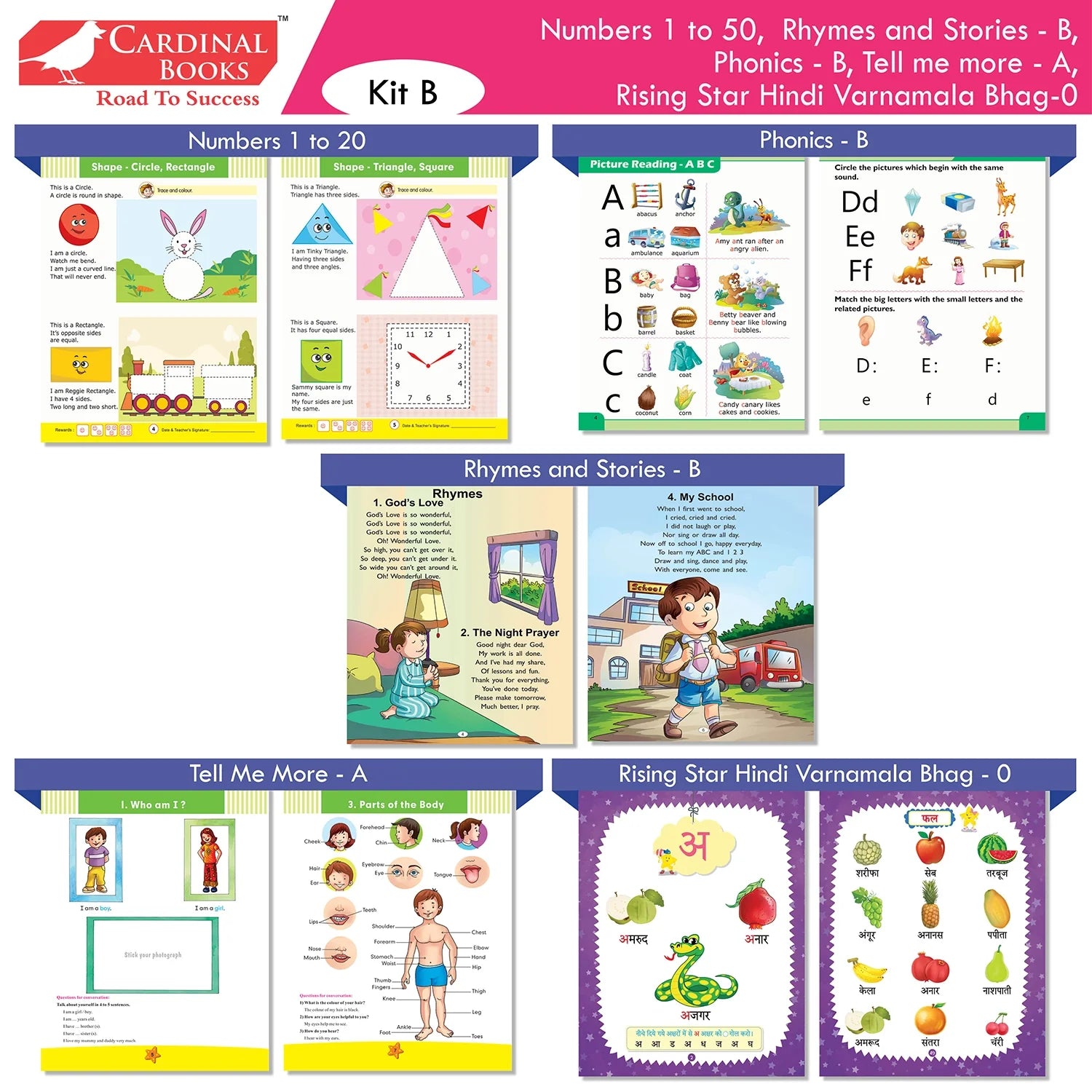 Cardinal Books Preschool Learning Junior KG (LKG) Kit C Set of 16| Ages 4-5 Years| Alphabet| Number| Rhymes and Stories| Phonic| Hindi Varnmala - Swadesiicart