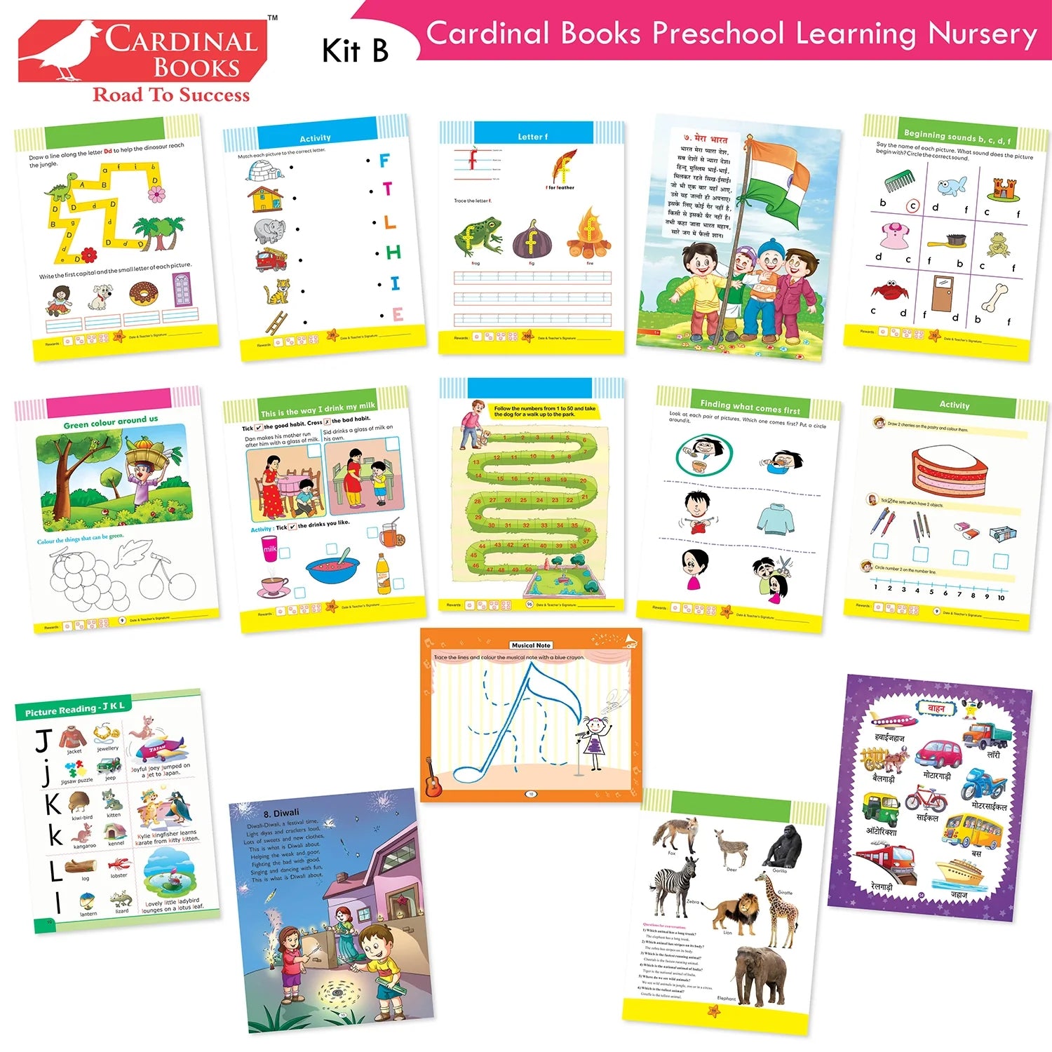 Cardinal Books Preschool Learning Junior KG (LKG) Kit C Set of 16| Ages 4-5 Years| Alphabet| Number| Rhymes and Stories| Phonic| Hindi Varnmala - Swadesiicart