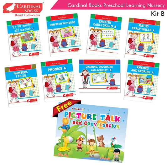Cardinal Books Preschool Learning Nursery Kit B Set of 8|Alphabet | Numbers| Rhymes & Stories| Colouring| Phonic Book Ages 3-4 Years - Swadesiicart
