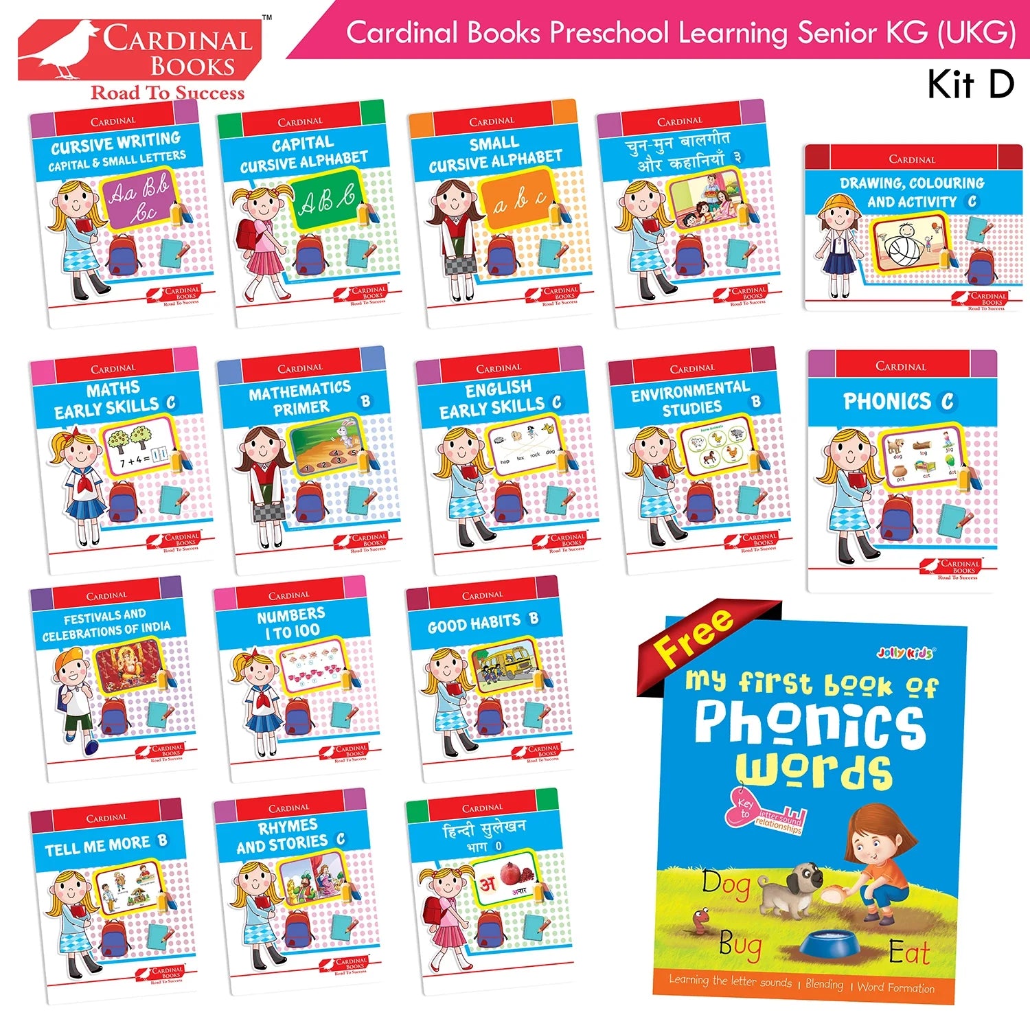 Cardinal Books Preschool Learning Senior KG (UKG) Kit D Set of 16| Cursive Alphabet| Number|Rhymes and Stories| Phonic|Ages 5-6 Years + - Swadesiicart