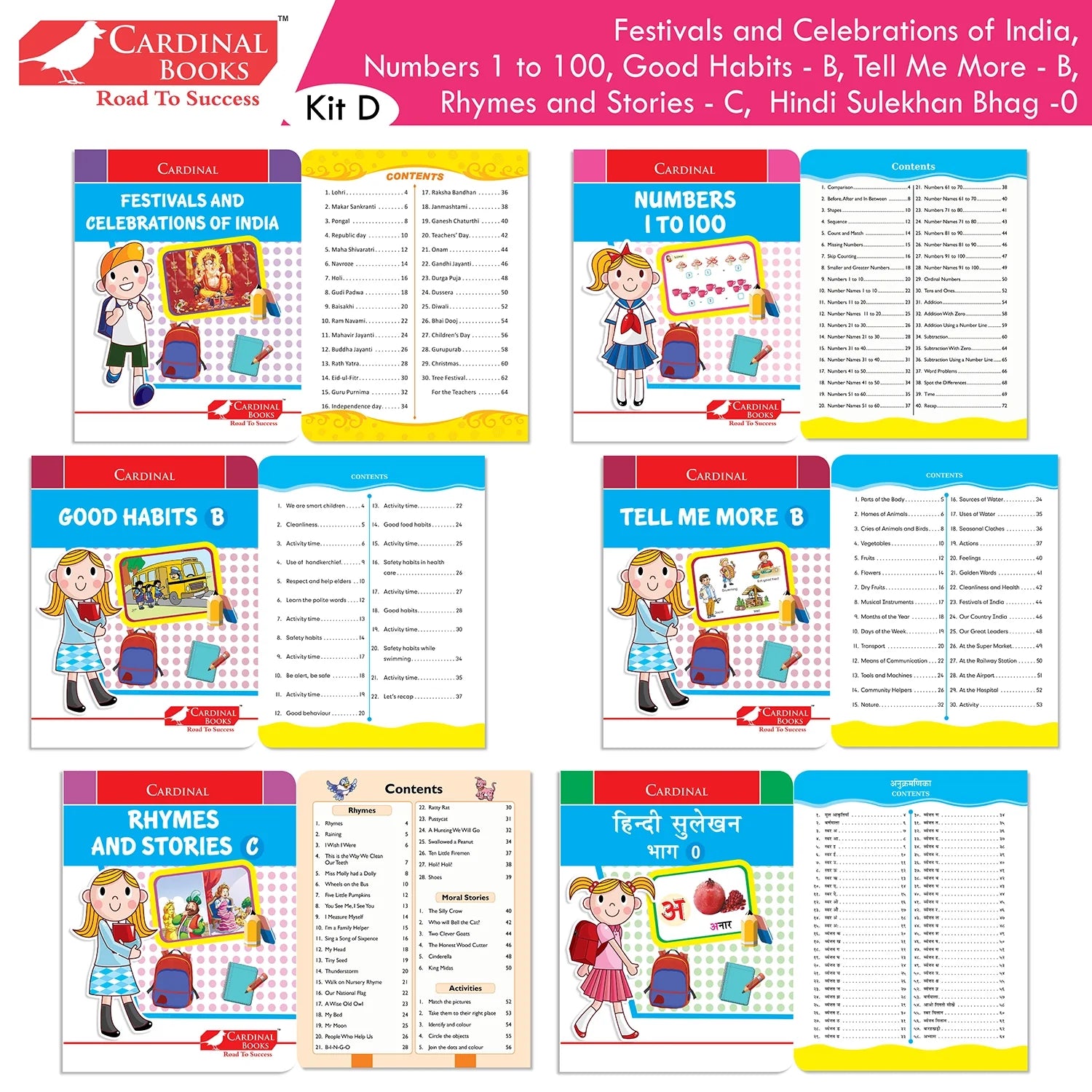 Cardinal Books Preschool Learning Senior KG (UKG) Kit D Set of 16| Cursive Alphabet| Number|Rhymes and Stories| Phonic|Ages 5-6 Years + - Swadesiicart
