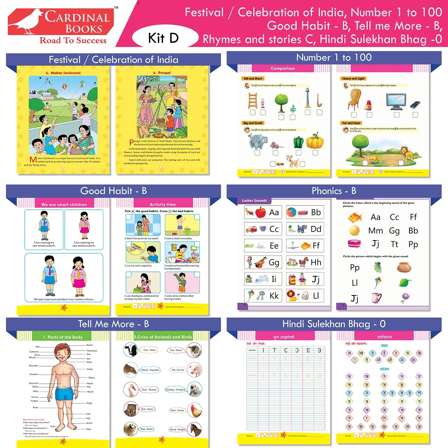Cardinal Books Preschool Learning Senior KG (UKG) Kit D Set of 16| Cursive Alphabet| Number|Rhymes and Stories| Phonic|Ages 5-6 Years + - Swadesiicart