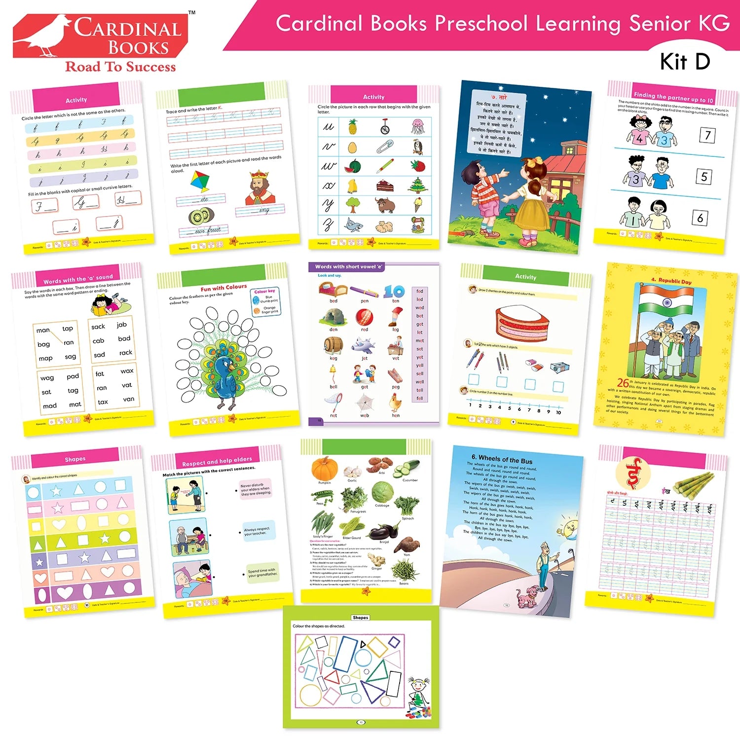 Cardinal Books Preschool Learning Senior KG (UKG) Kit D Set of 16| Cursive Alphabet| Number|Rhymes and Stories| Phonic|Ages 5-6 Years + - Swadesiicart