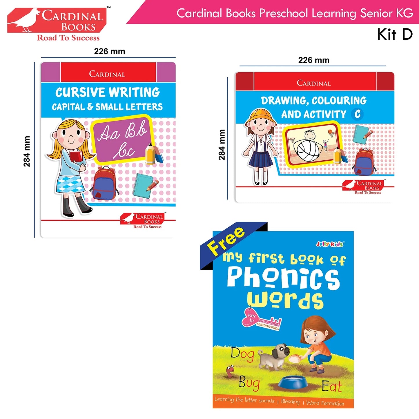 Cardinal Books Preschool Learning Senior KG (UKG) Kit D Set of 16| Cursive Alphabet| Number|Rhymes and Stories| Phonic|Ages 5-6 Years + - Swadesiicart