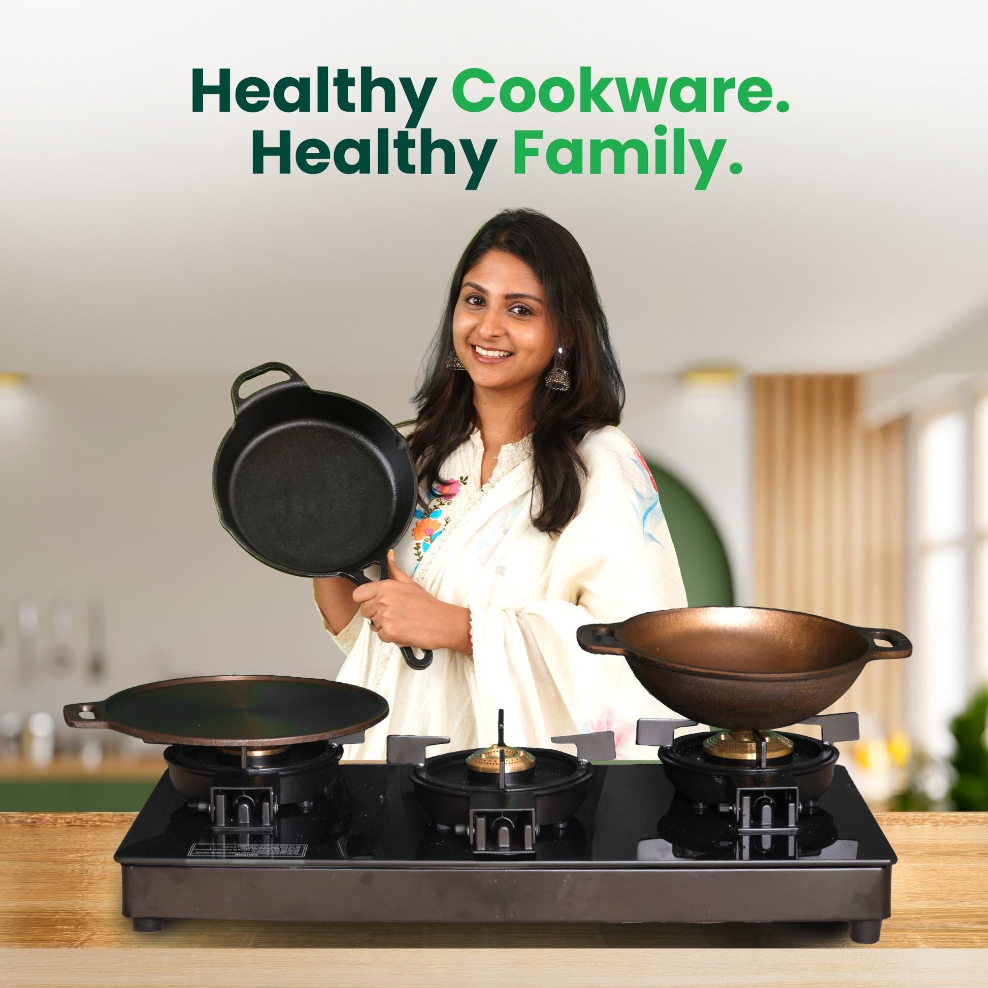 The Indus Valley CASTrong Cast Iron Cookware Set: Tawa+ Kadai+ Fry Pan, Kitchen Set for Home, Pre-seasoned, 100% Pure, Toxin-free, Tadka Pan