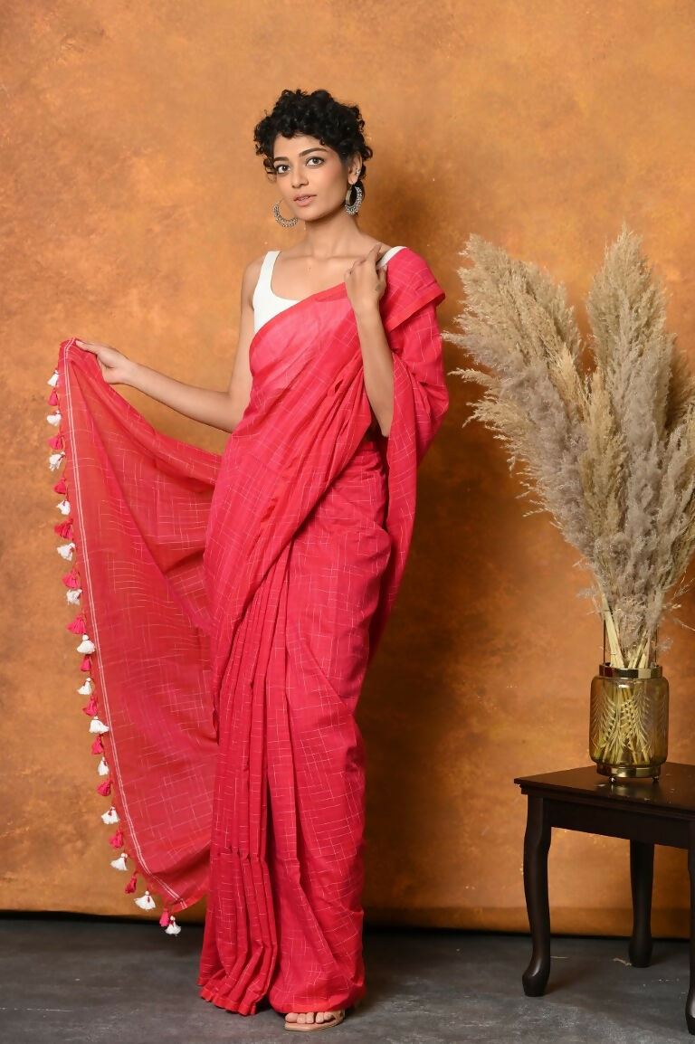 Very Much Indian Mul Cotton Khadi Design Handloom Woven Saree - Pink | Swadesiicart