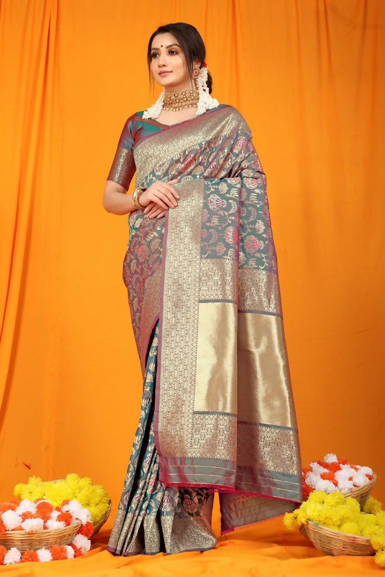 Jyoti Fashion Women's Grey Kanjivaram Silk Zari Woven Saree with Blouse | Swadesiicart