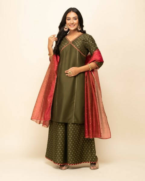 FIORRA Women's Green Silk Blend Straight Kurta Palazzo Set With Dupatta - Swadesiicart