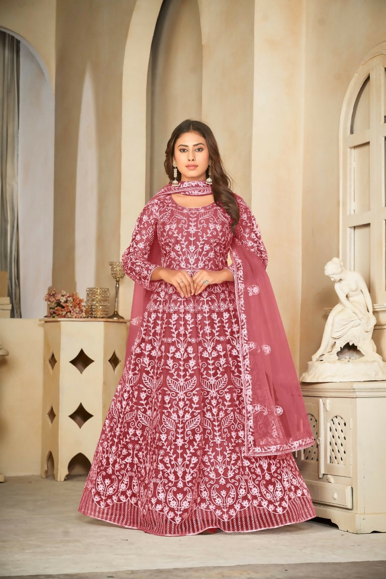 Jyoti Fashion Women's Gajri Net Embroidered Anarkali Kurta Pant Set With Dupatta | Swadesiicart
