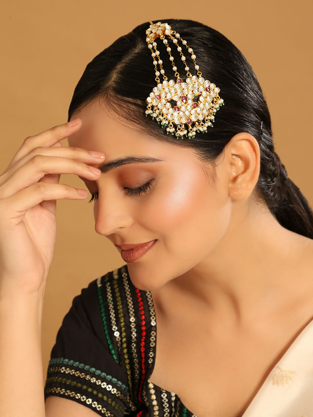 Nuyug 22K Gold-Plated Kundan & Red Stone Studded Jhumar Paasa Head Jewellery | Swadesiicart