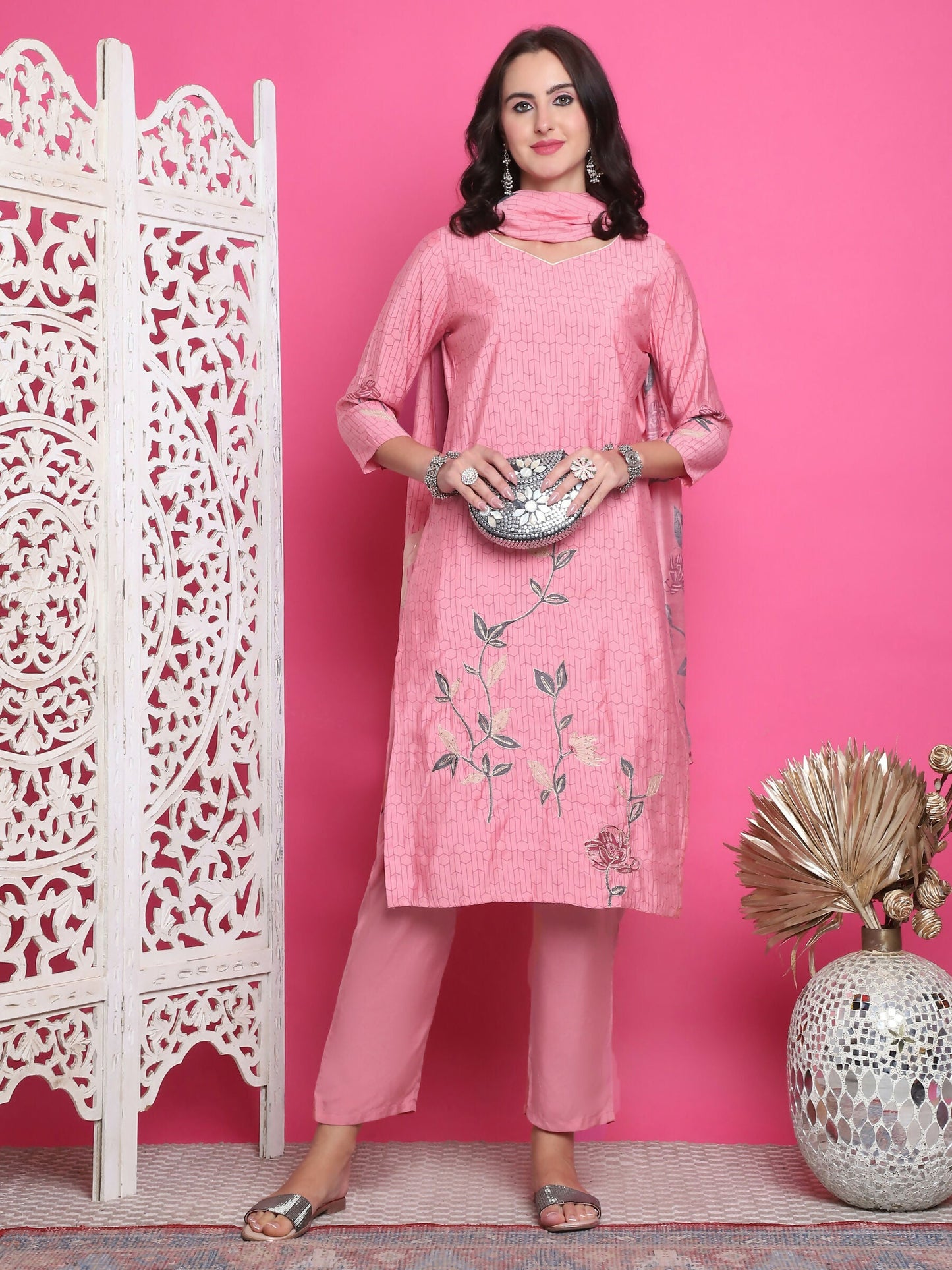 Jyoti Fashion Women's Pink Muslin Floral Print with Jari & Crystal work Kurta with Trouser & Dupatta | Swadesiicart