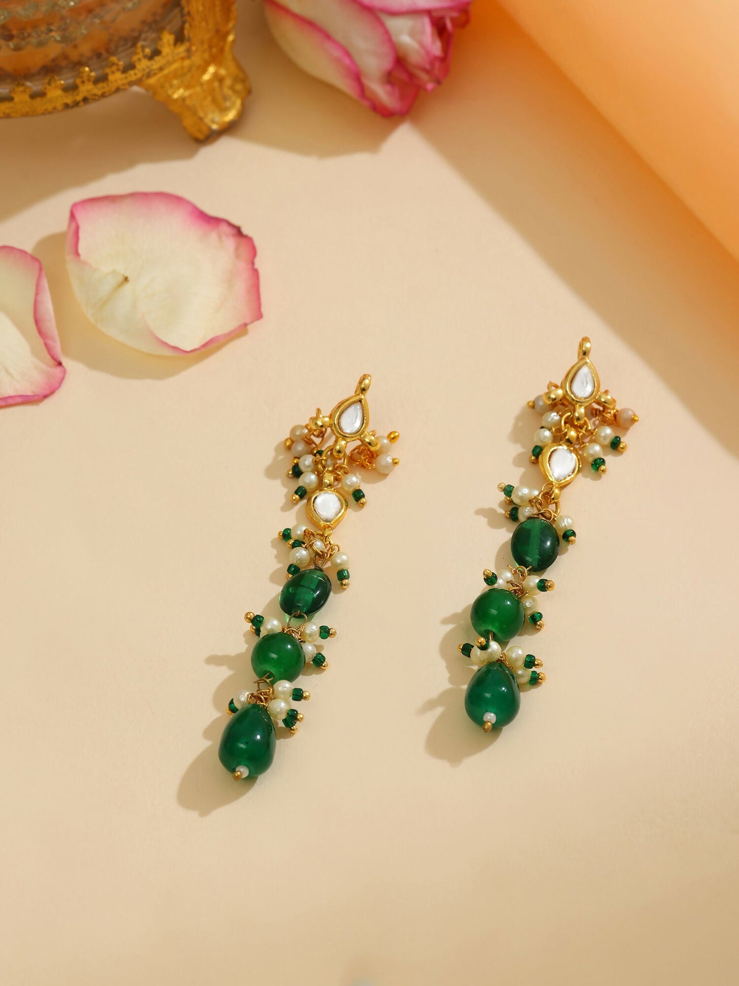Ruby Raang 22k Gold Polished Long Kundan And Emerald Earrings | Swadesiicart