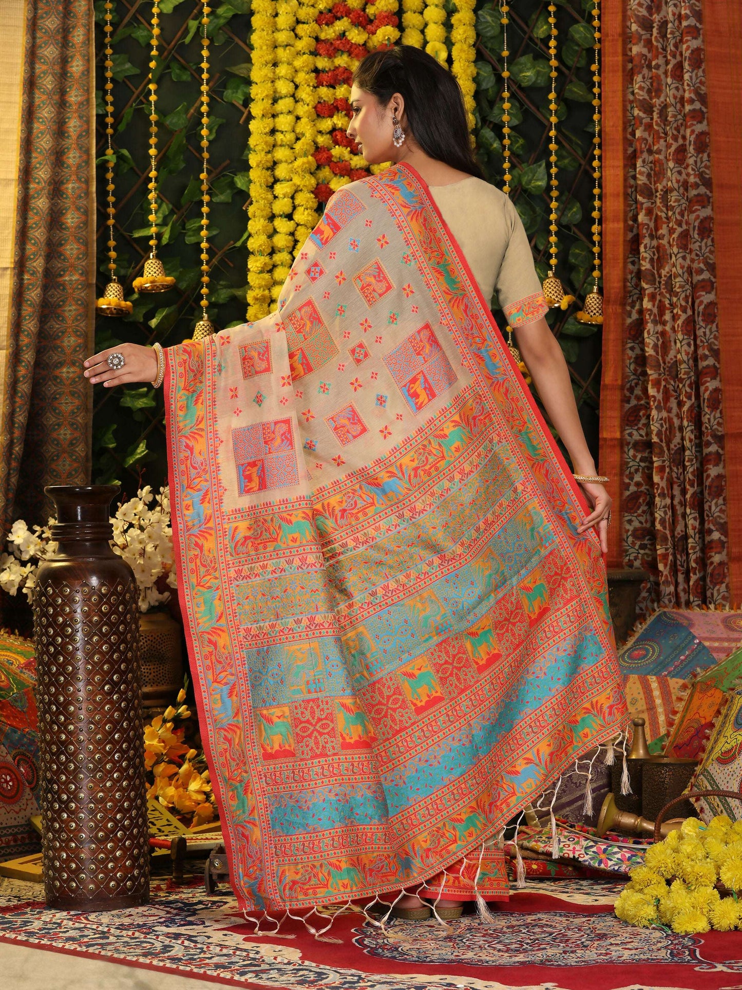 Shree Shyam Fashion Linen Cotton Off White Saree
