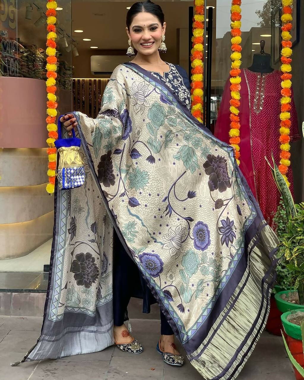 The52 Navy Blue Women's Beautiful Viscose Chanderi Fabric Embroidered Work Straight Kurta Pant and Dupatta Set - Swadesiicart