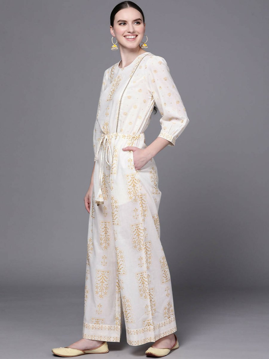 Ahalyaa Off White Printed Basic Jumpsuit - Swadesiicart