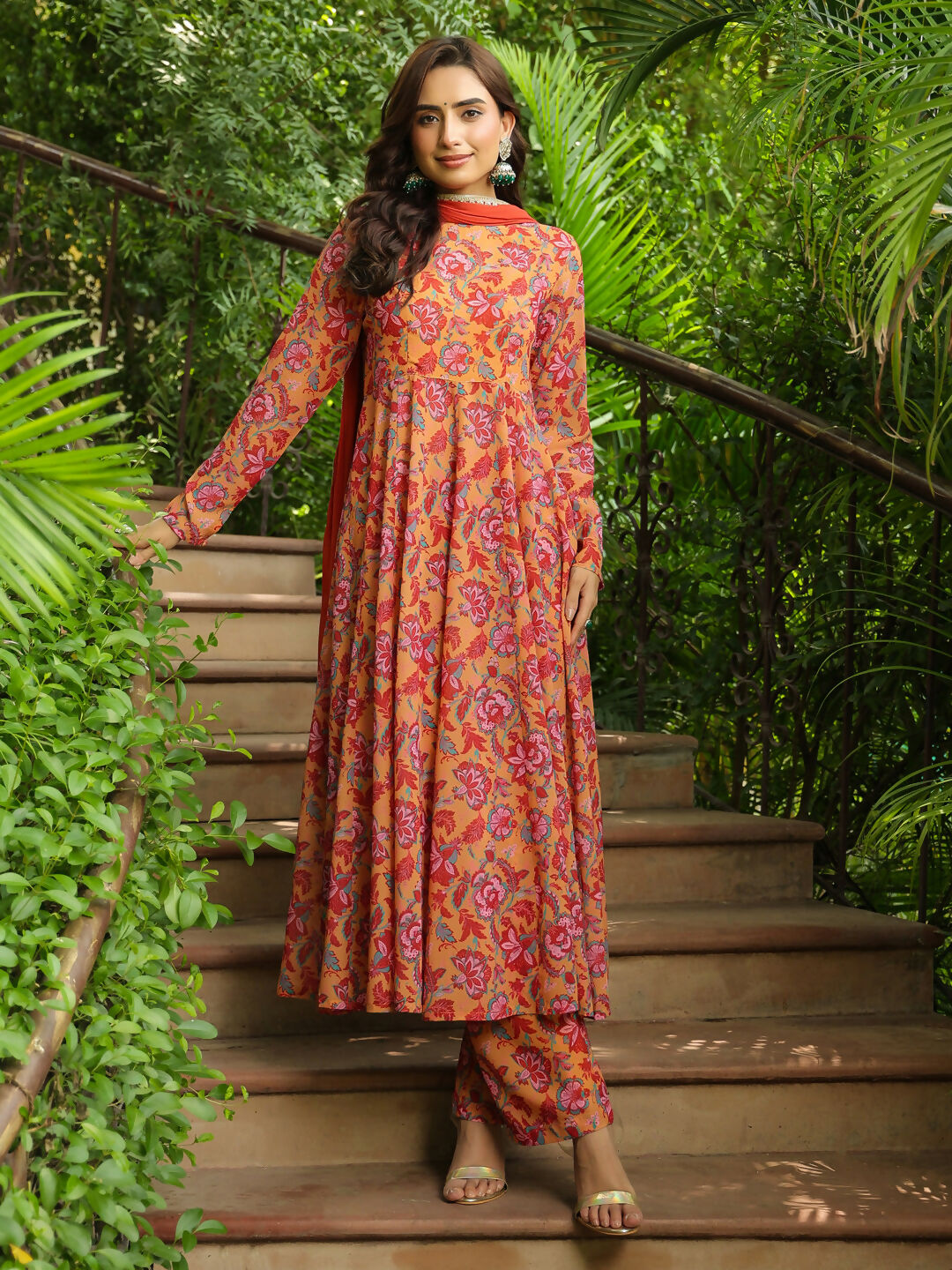Janasya Mustard Georgette Floral Kurta,Bottom & Dupatta | Swadesiicart