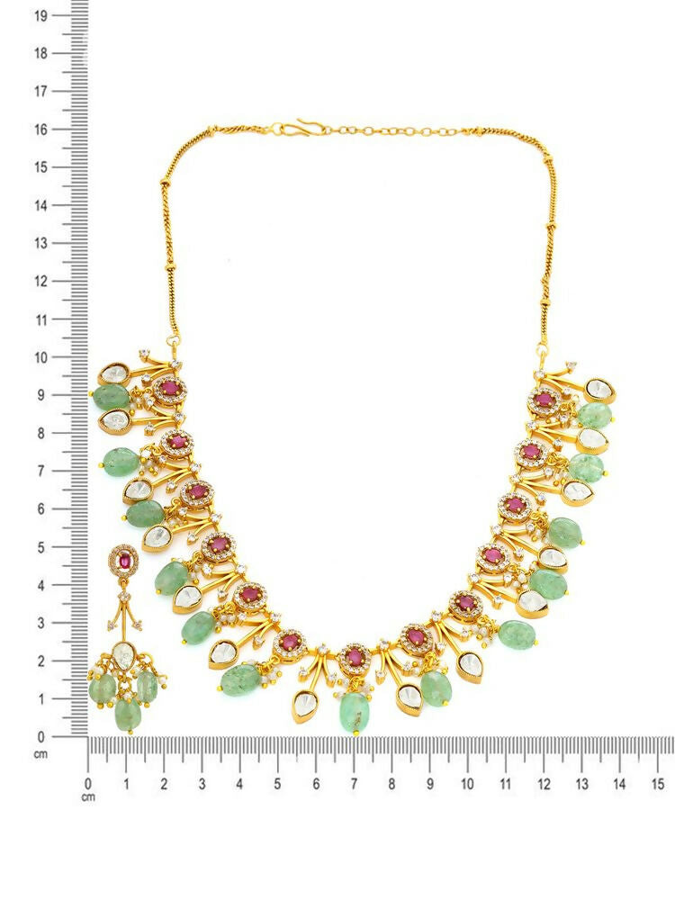 Natural Stones Antique Finish Earrings and Choker Necklace set - Ruby Raang | Swadesiicart