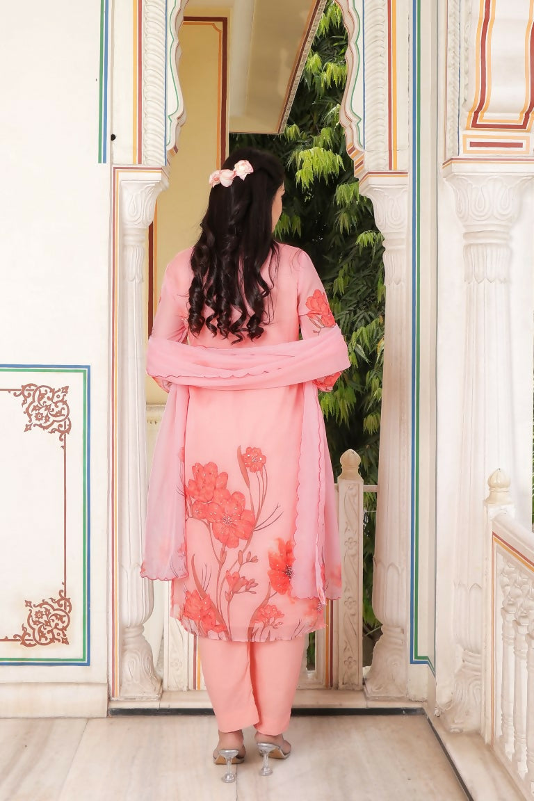 Vaasva Women Pink Tabby Slik Print & Embroidered Kurta, Pant & Dupatta set | Swadesiicart