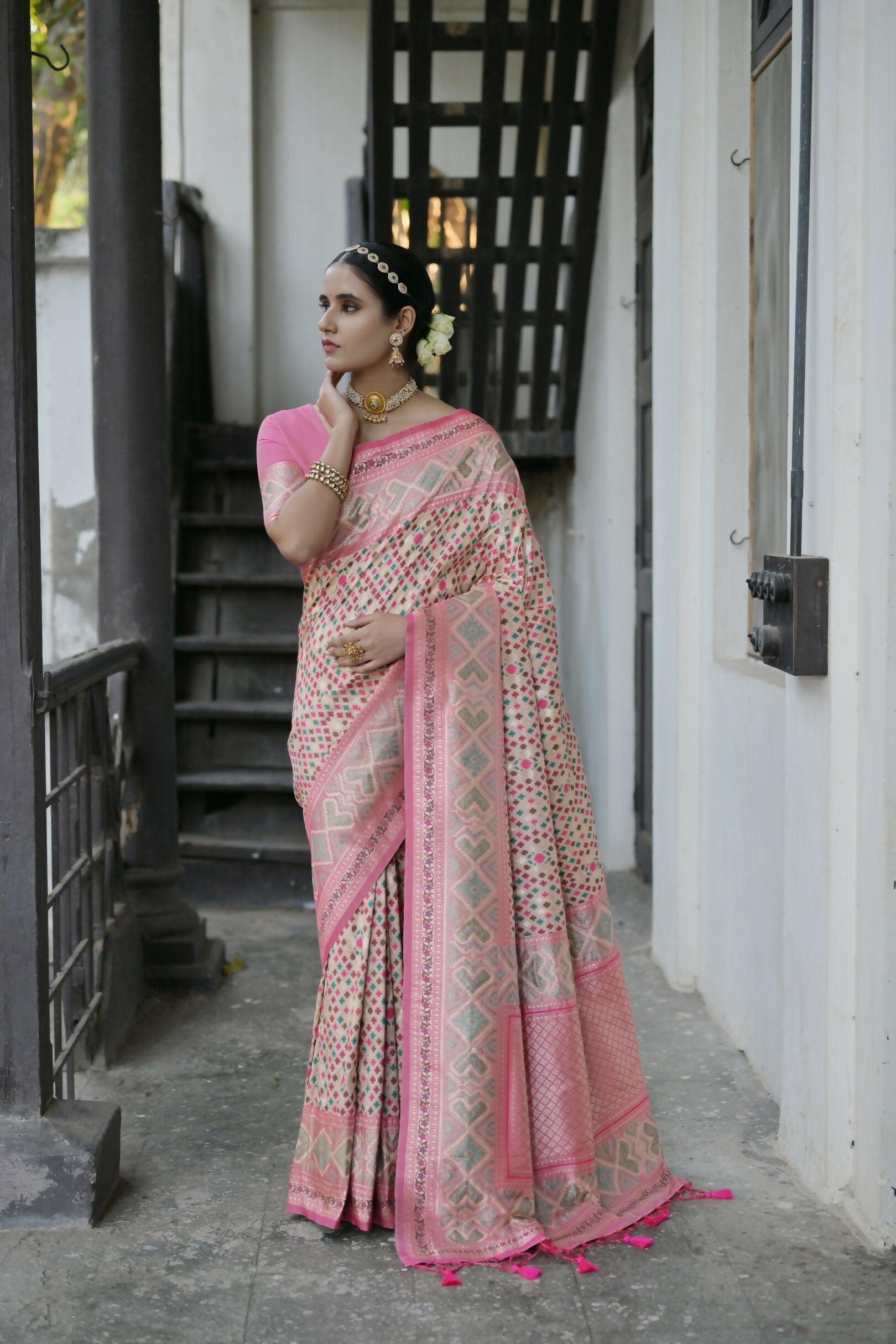 Vishnu Weaves Women's Chiku Paithani Silk Saree with Blouse - Swadesiicart