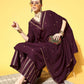 Ahalyaa Women Wine Colour Crepe Gold Glitter Print Kurta Palazzo Set | Swadesiicart