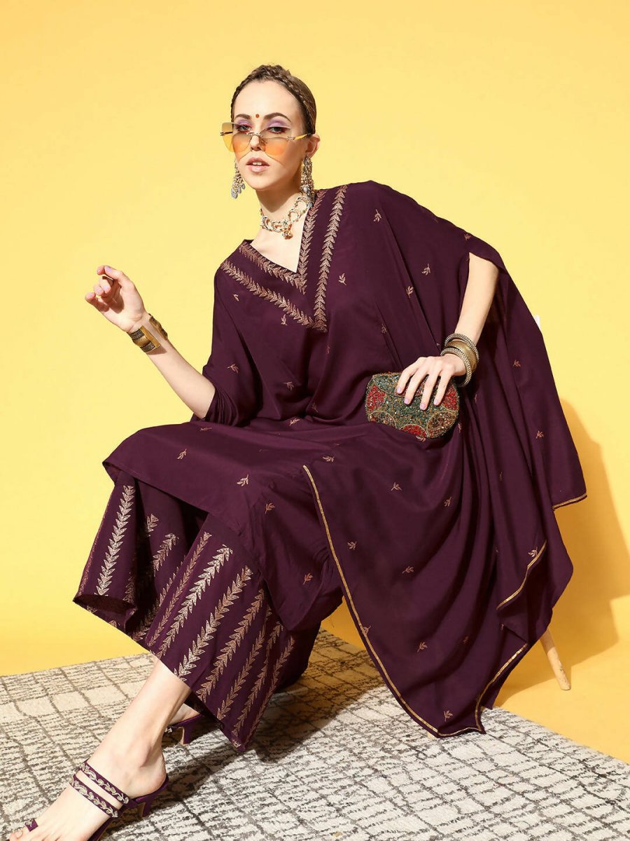 Ahalyaa Women Wine Colour Crepe Gold Glitter Print Kurta Palazzo Set | Swadesiicart