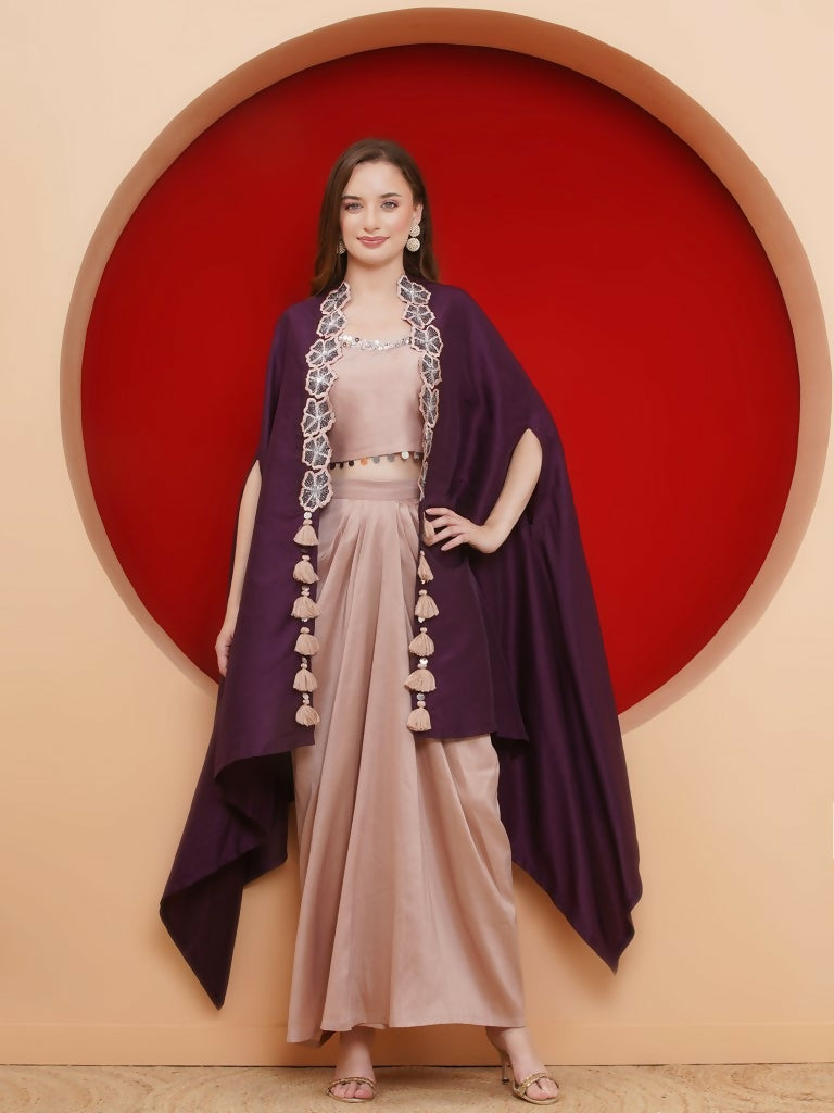 Joban Fashion Purple and Rose Gold Skirt set with Cape - Swadesiicart